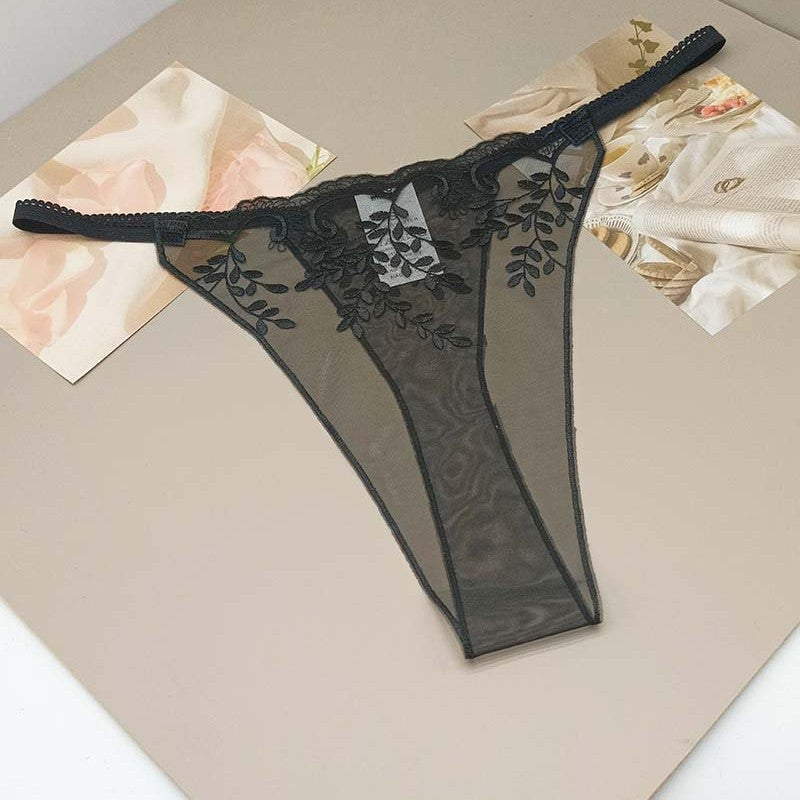 FREEDOMBEAUTY | New Purple Gold Black Hollow Sexy Transparent Black Mesh Embroidery Women's Light Sex Thong T-Pants Cross-border