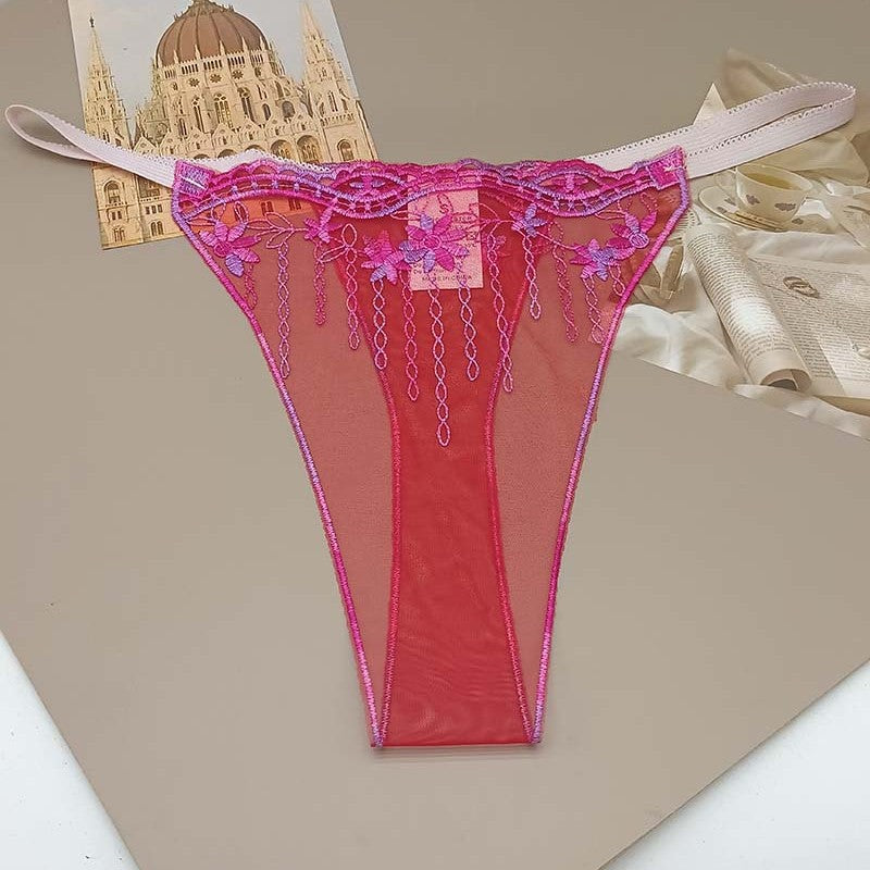 FREEDOMBEAUTY | Sexy low waist seduction lace perspective hollow women's thong transparent red mesh embroidery sexy cross-border