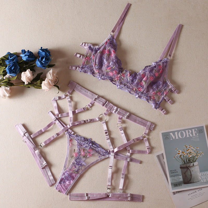 FREEDOMEBEAUTY | European and American popular AliExpress Amazon cross-border new product embroidery bra set Perspective sexy underwear three-piece women's set