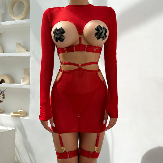 FREEDOMBEAUTY | AliExpress INS underwear 5-piece set sexy hollow straps personalized long-sleeved top with leg rings 3317