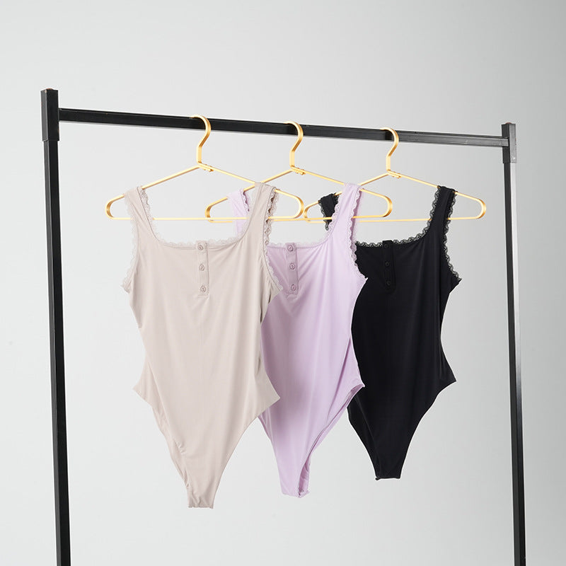 FreedomBeauty | Button Lace Bodysuit Button Skin-Friendly Jumpsuit High Elastic Breathable Sports One-Piece