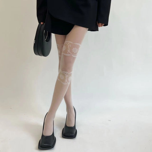 FREEDOMBEAUTY | Spring and Summer Retro Jacquard Dark Pattern Rhombus Thighs Roses Belly and Hips Pure Sweet and Cool Bottom Core-spun Yarn Stockings