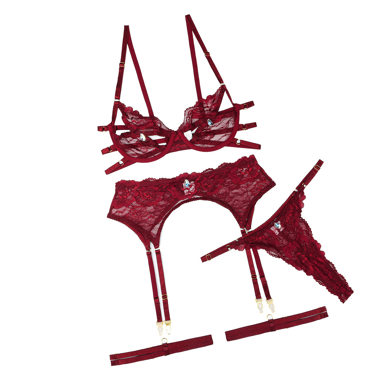 FREEDOMBEAUTY | European and American foreign trade cross-border fun four-piece set, water drop diamond, sexy lace hollow underwear set, flirting