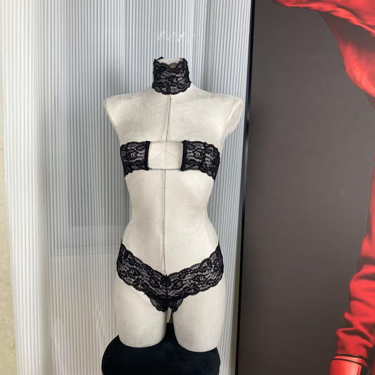 FREEDOMBEAUTY | FQ2295 black lace sexy sex onesie neck rhinestone removable perspective lace cross-border Europe and America