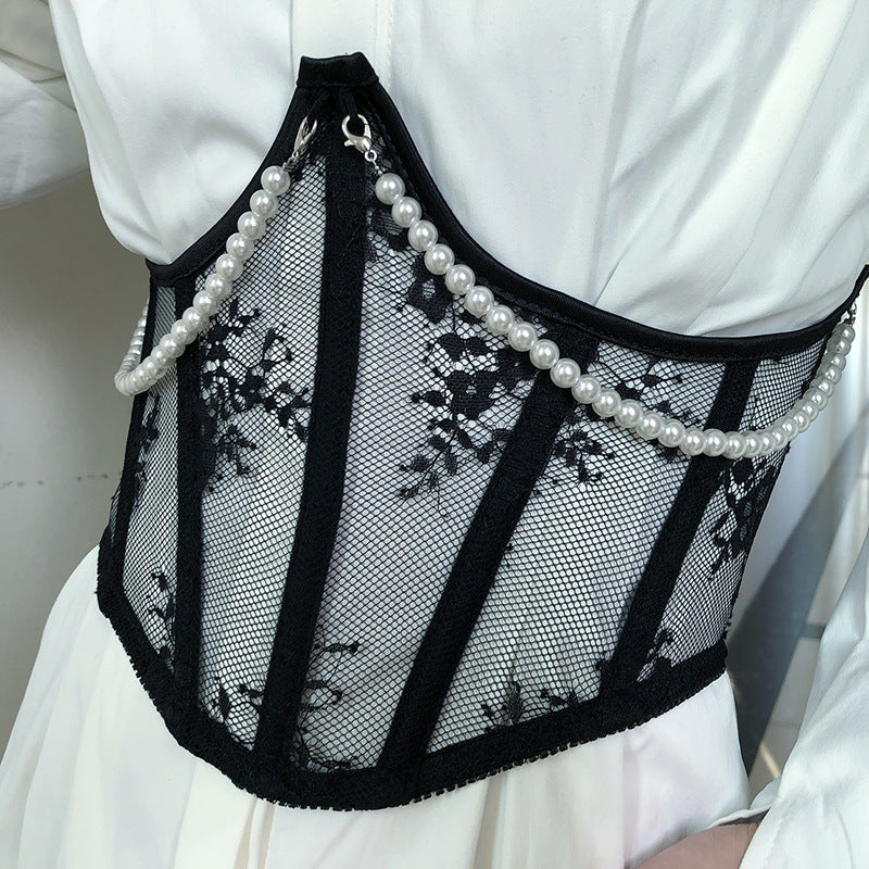 Freedombeauty | 21cm autumn new short gentle lace pearl waist seal fish bone strap decorative waist seal outer spot