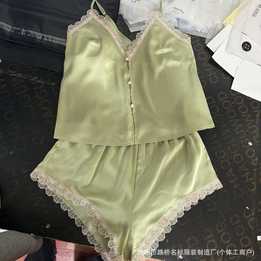 FREEDOMBEAUTY7087 Shell Embroidered Delicate Satin Sex Pajamas Pajamas Two-piece set, excluding removable chest pads