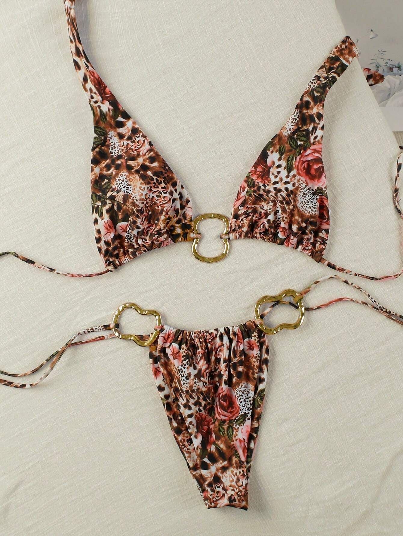 FREEDOMBEAUTY | 2025 New Sexy Bikini Suit Lace-up Solid Color Printing Low Waist Fashion Women's Neck Spot