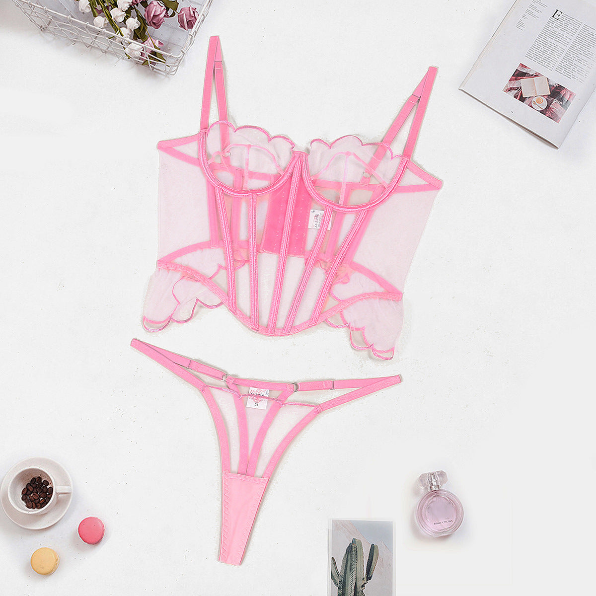 Freedombeauty | New body sculpting suspender, wavy mesh edge joint fish bone perspective sex underwear two-piece set