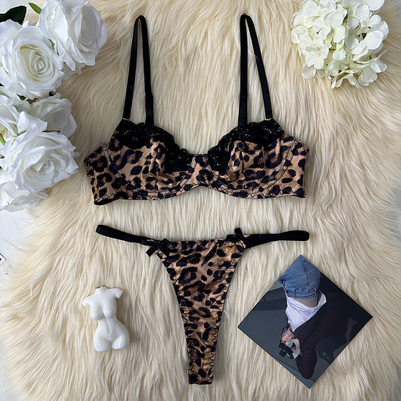 freedombeauty|Sexy leopard print underwear French bra ultra-thin mesh lace splicing sex set
