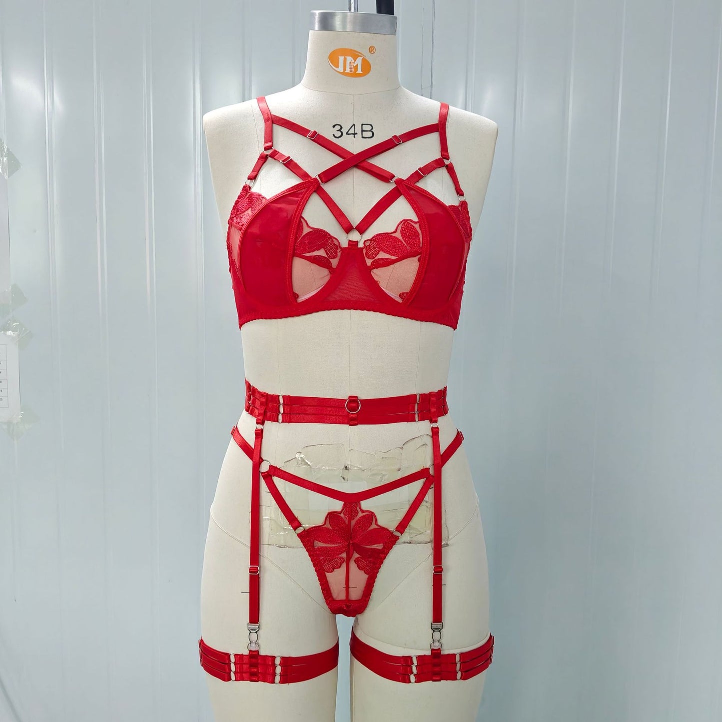 FREEDOMBEAUTY | European and American style cross-border foreign trade new black embroidery splicing mesh yarn strap waist seal garter women's bra set