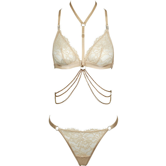Freedombeauty | FQ2846 neck waist chain bronzing lace front buckle beautiful back without steel ring thin transparent triangle cup thong bra set