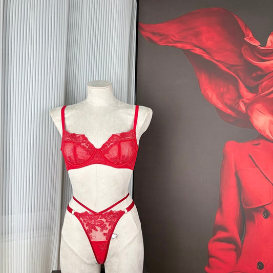 FREEDOMBEAUTY | FQ2887 Red velvet embroidery mesh sexy perspective women's bra steel rim thin set European and American foreign trade cross-border
