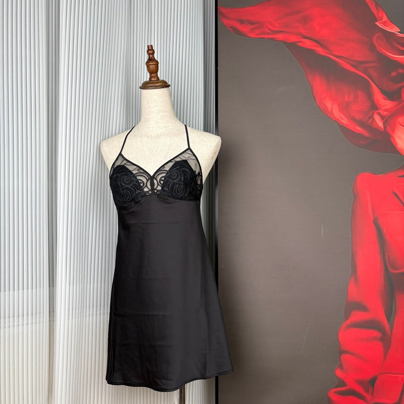 FREEDOMBEAUTY | FQ2802 Laser Embroidery Premium Satin Suspender Nightdress Light Luxury Homewear Sexy Nightdress Women's Skin Tone Black