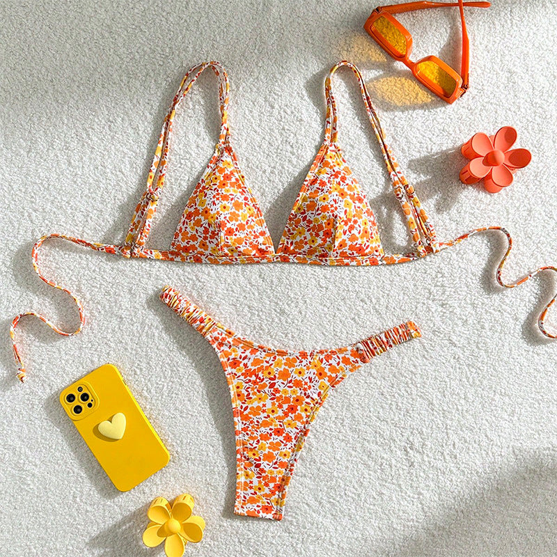 FREEDOMBEAUTY | 2025 new European and American floral lace-up bikini sexy split swimsuit women's beach hot spring swimsuit bikini