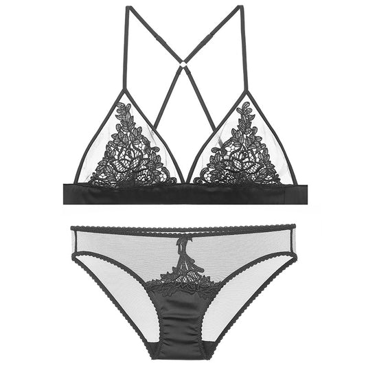FREEDOMBEAUTY | Factory direct French underwear set small chest thin sexy temptation ultra-thin lace triangle cup no steel ring bra