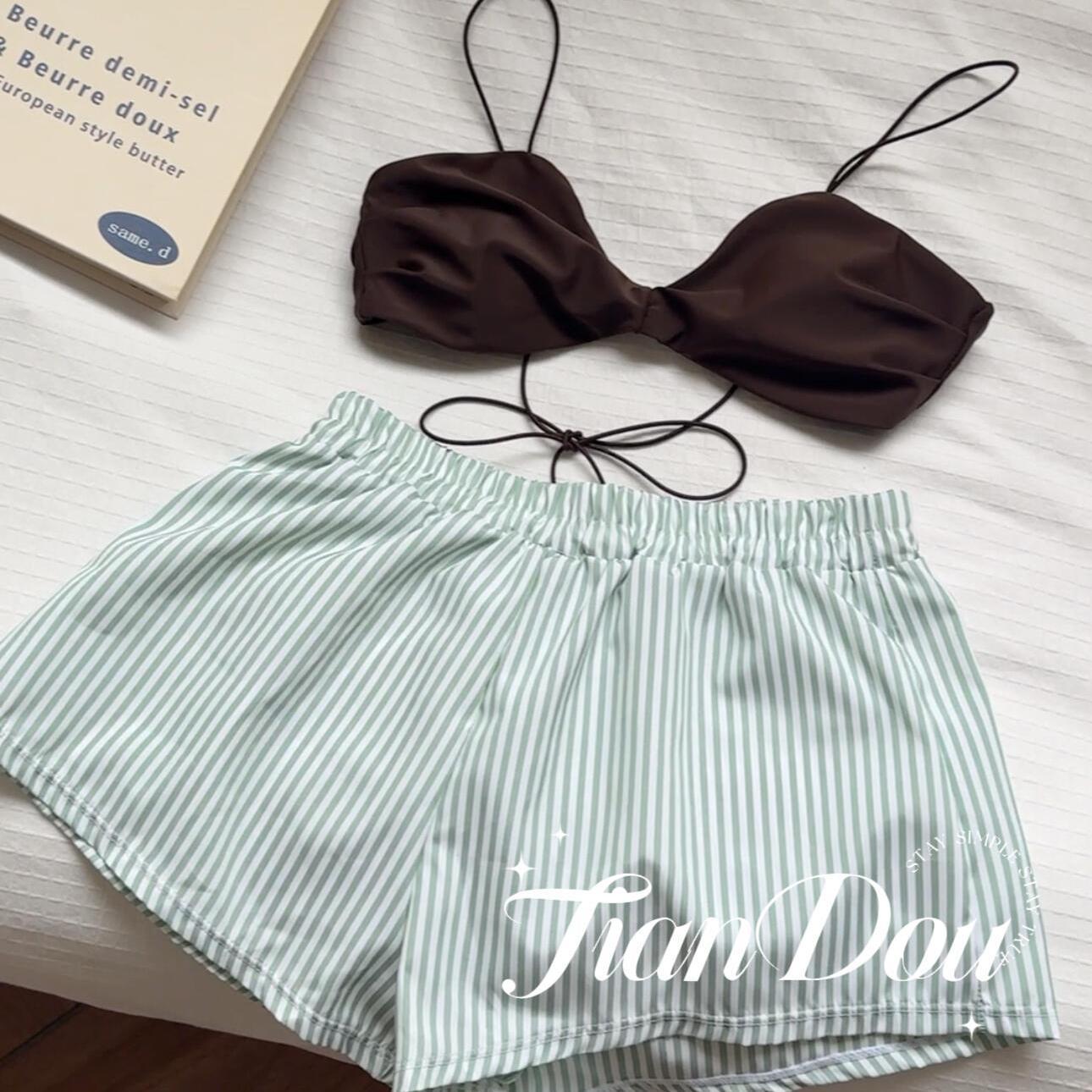 FREEDOMBEAUTY | [Mint Chocolate] Fresh Island Vacation Vitality Girl Lazy Temperament Swimsuit Bikini Three-piece Summer