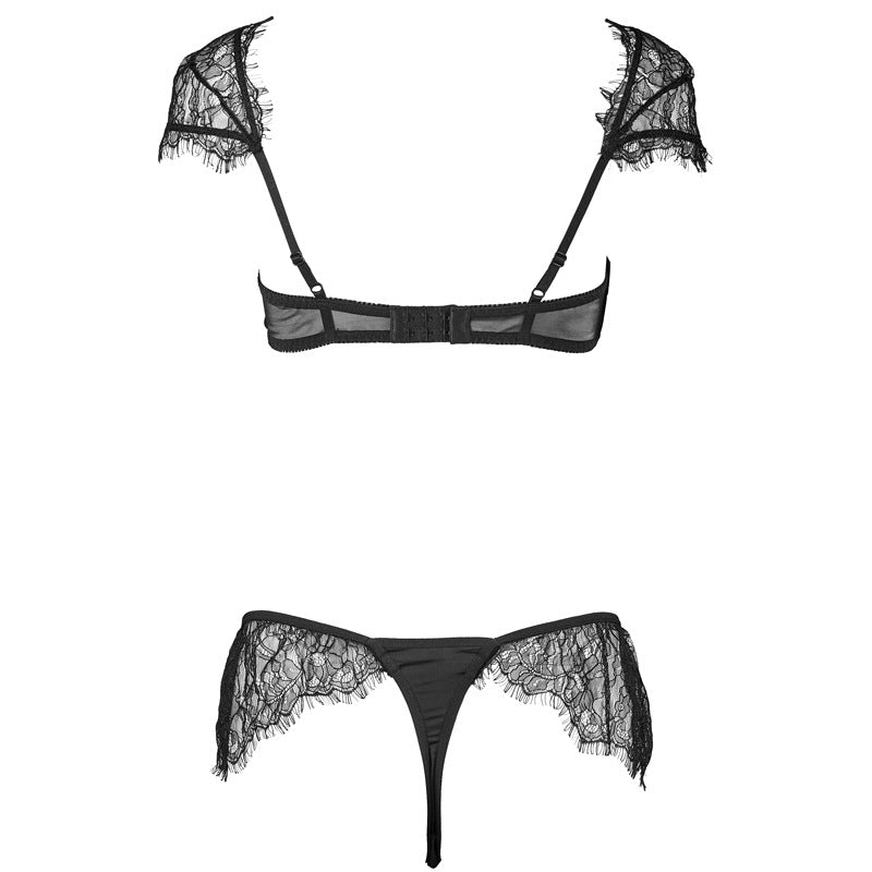 FreedomBeauty | FQ2679 Eyelash Lace Sleeves Thin Bra Low Waist Microfiber Thong Lingerie Set
