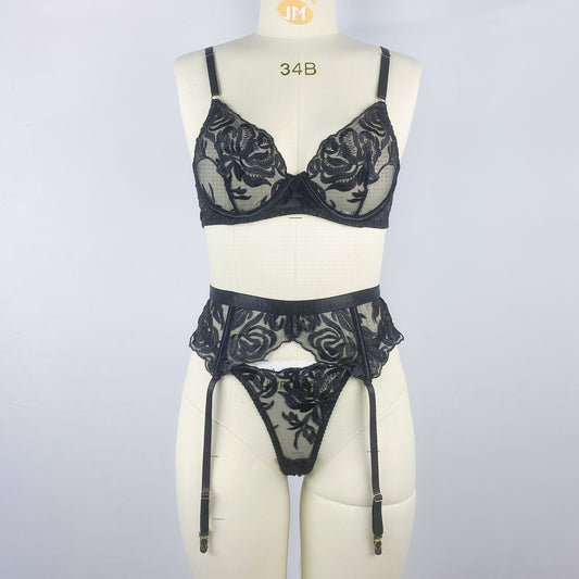 FREEDOMEBEAUTY | Black flower embroidery with steel ring bra thong women's sexy underwear three-piece set European and American cross-border new wholesale