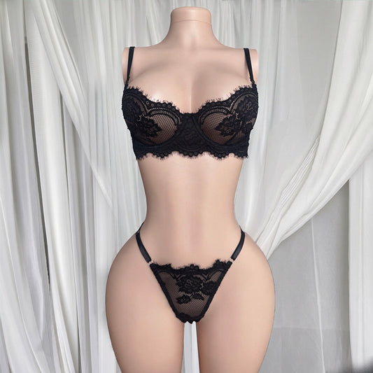 FREEDOMBEAUTY | European and American black lace bra thong set, sexy see-through eyelashes, pure desire wind two-piece set