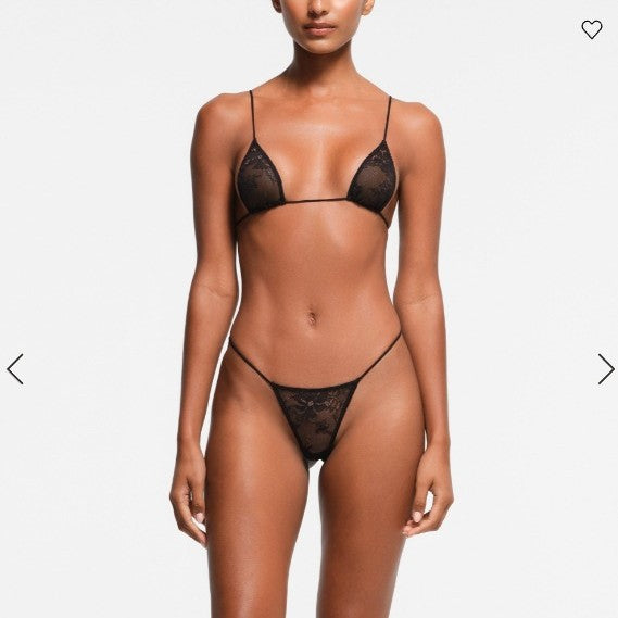 FREEDOMBEAUTY | T223 SKIMS Lace Low Waist Thong Women's T Black Elastic Ultra-thin Cross-Border Bikini Three-Point Sex