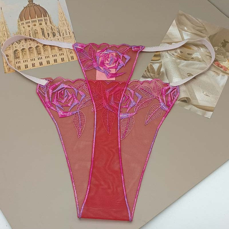 FREEDOMBEAUTY | Transparent red mesh embroidery hollowed-out sexy women's sex thong t-pants flower embroidery perspective panties cross-border