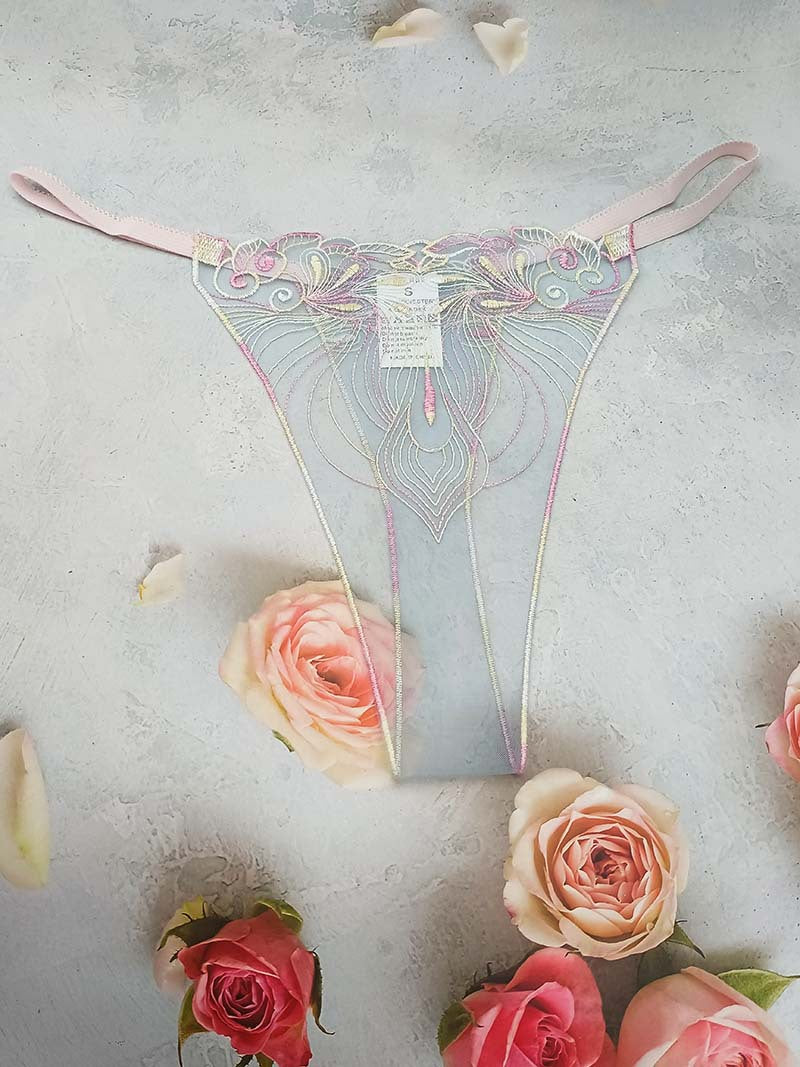 FREEDOMBEAUTY | Transparent mesh embroidery sexy perspective light women's sexy thong three-color optional pattern embroidery cross-border