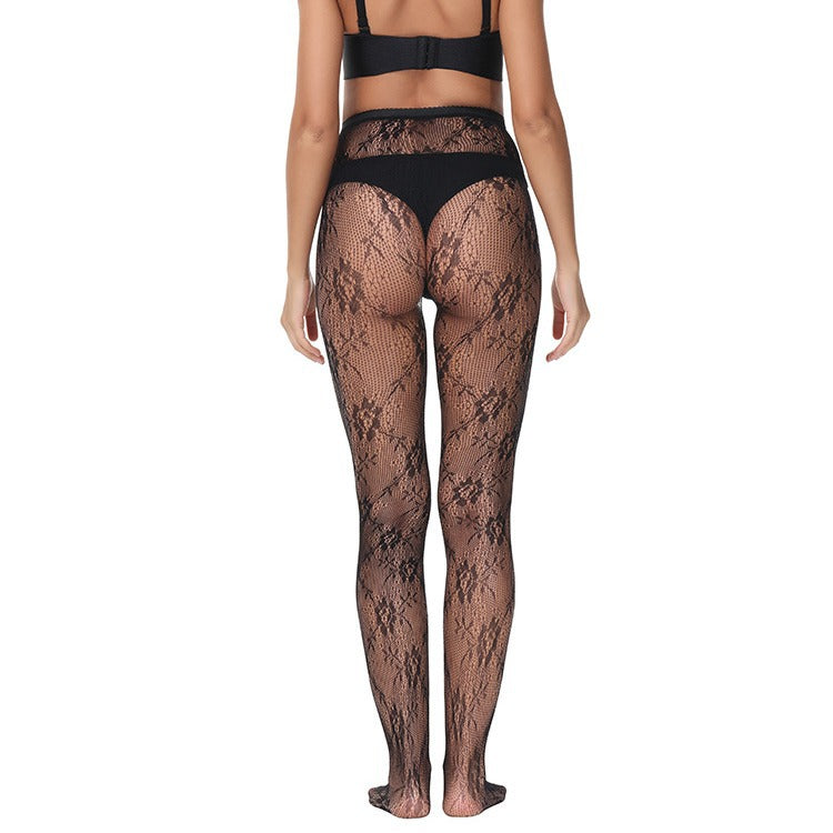 FREEDOMBEAUTY | Spring and Summer Thin Four Seasons Bottom Socks Flower Pattern Black Stockings Stockings Stockings Jacquard Hollow Lace Socks 3078