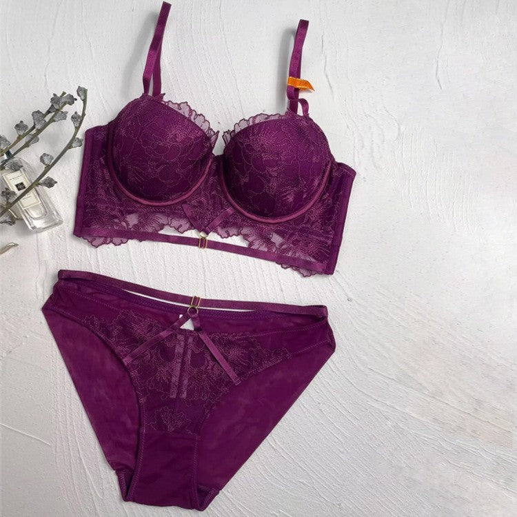 FREEDOMBEAUTY | French Sexy Lace Underwear Strap Hollow Embroidery Gathering Bra Close Breast Adjustment Top Bras Set
