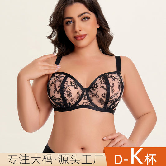 Freedombeauty | European and American large-size underwear women's big breasts show small anti-sagging gathering mesh lace large cup fat MM bra