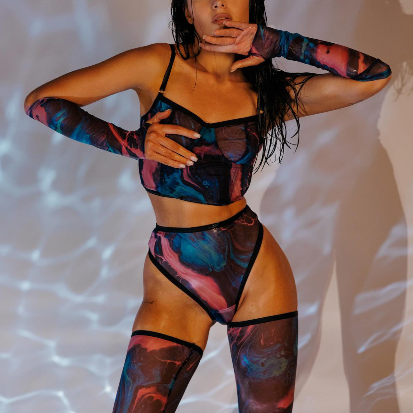 freedombeauty|New tie-dye sexy underwear 4-piece set, short vest, gloves, stockings, party sexy outerwear set