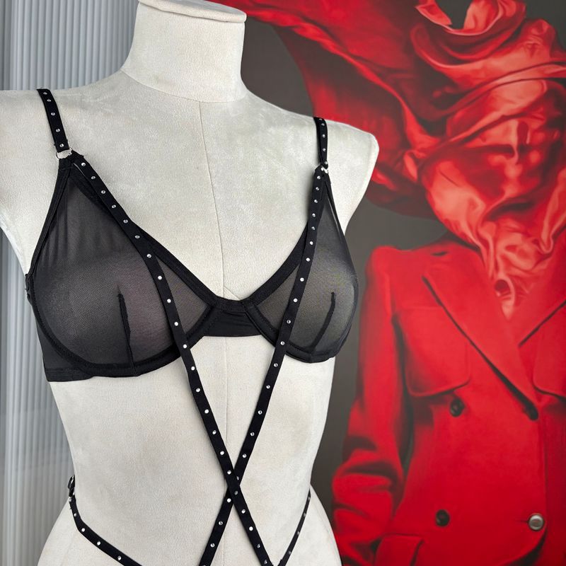 FREEDOMBEAUTY |FQ2702A hot diamond mesh steel tray women's French bra medium and high waist briefs black cross-border foreign trade one-piece