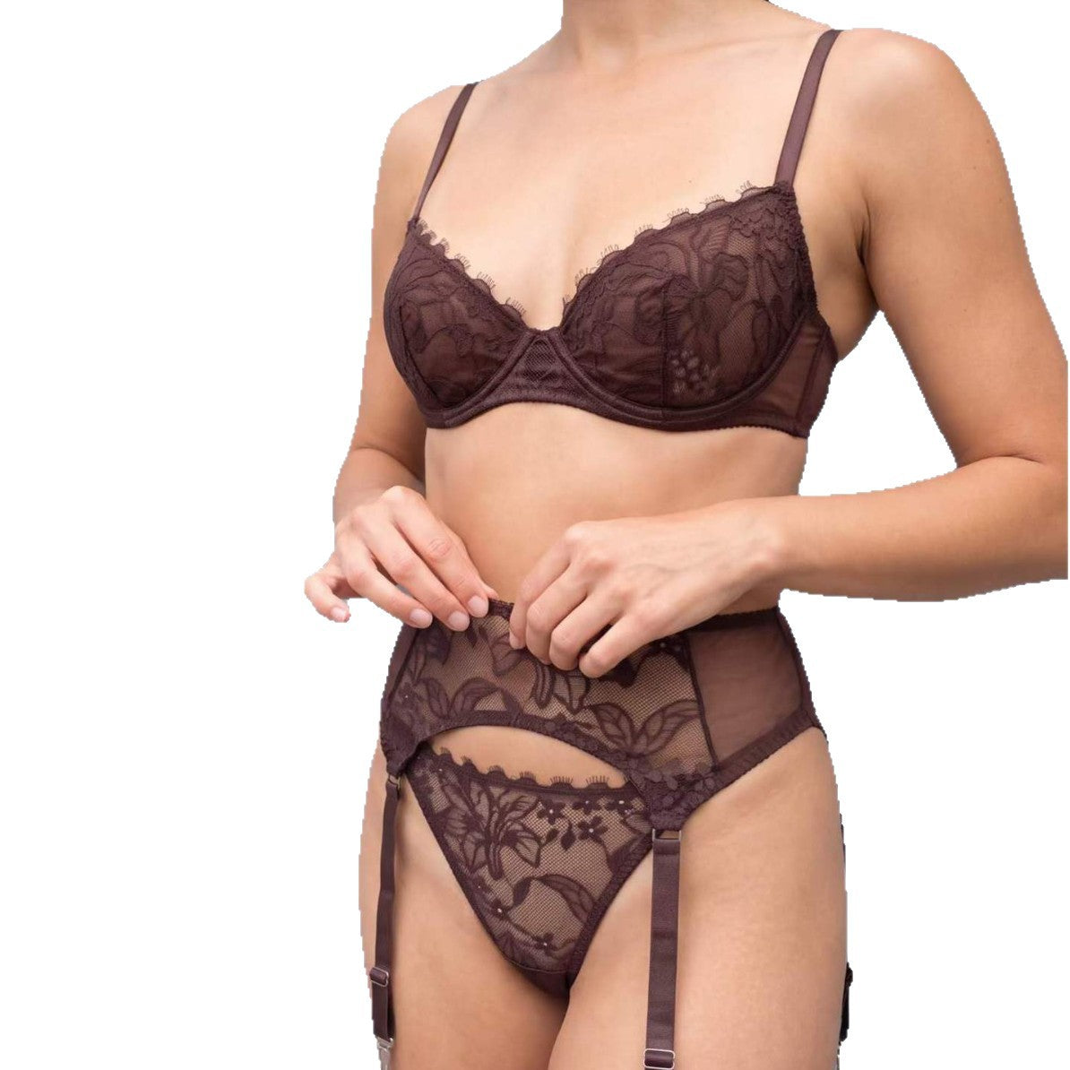 FREEDOMBEAUTY | Cross-border sexy lace underwear ultra-thin steel ring anti-sagging bra gathering bra set garter three-piece set