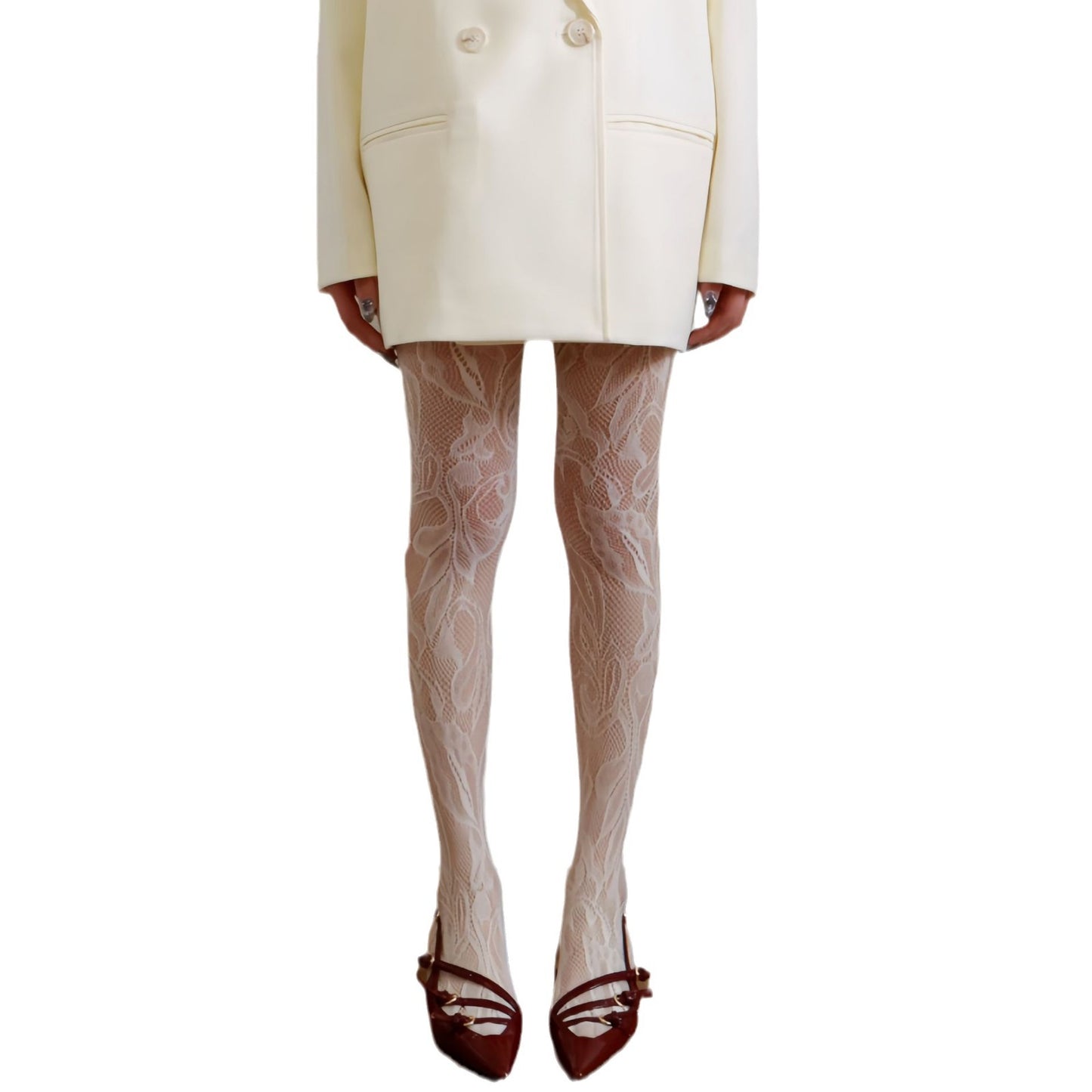 FREEDOMBEAUTY | Autumn and winter new French elegant plant flower fishing net socks pure white stockings anti-hook stockings bottoms pantyhose