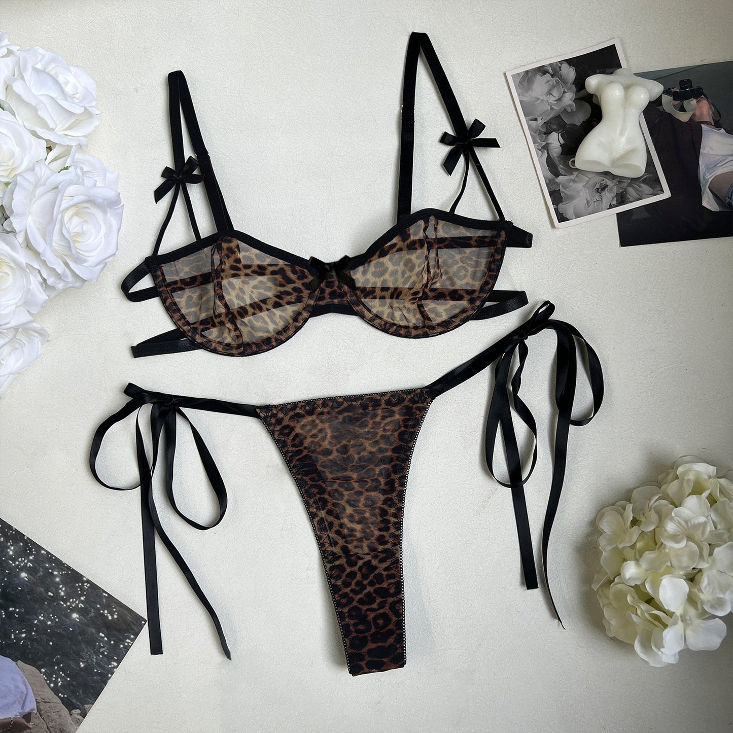 freedombeauty|Sexy leopard print underwear French bra ultra-thin mesh sex suit perspective