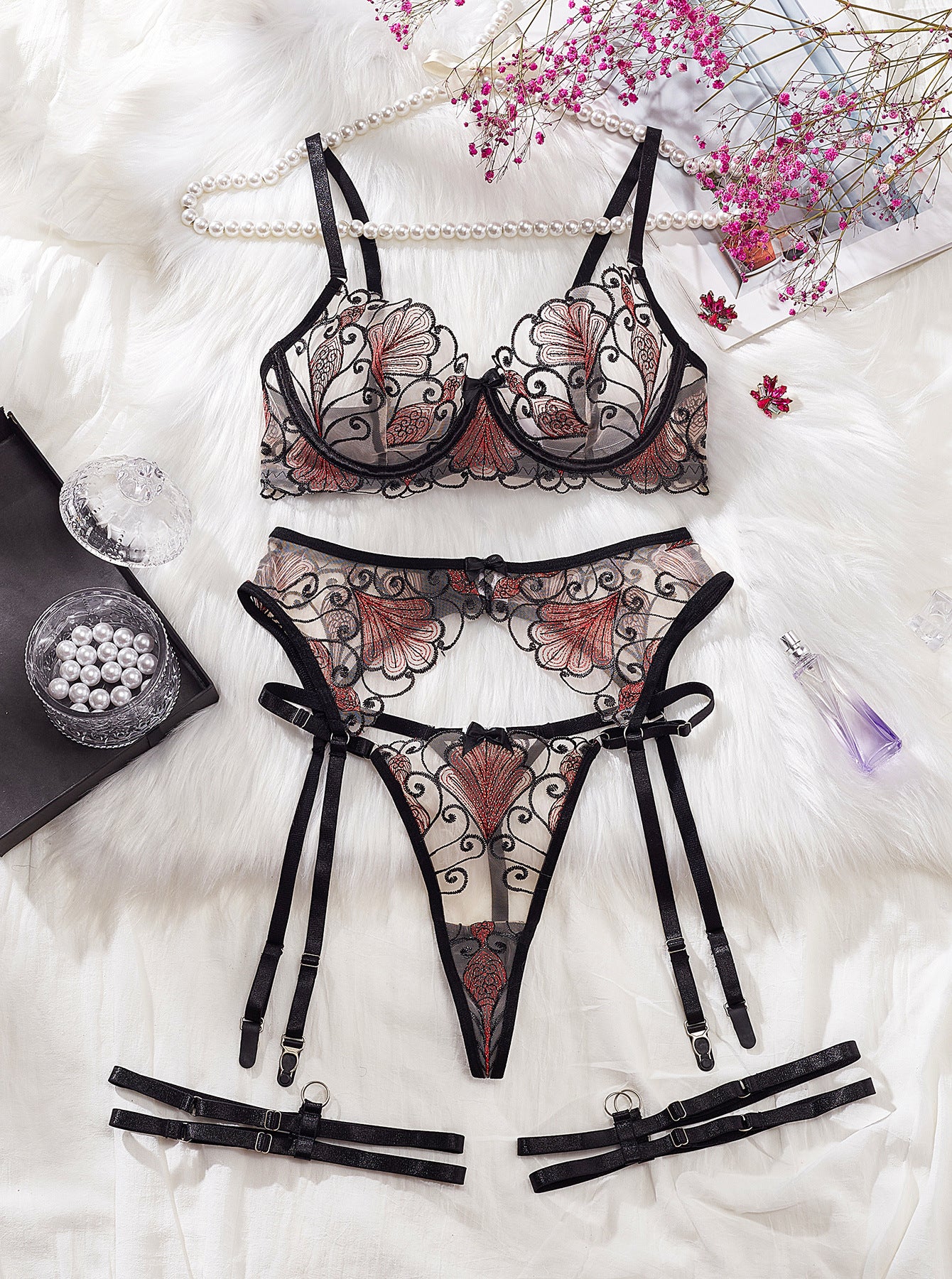 Freedombeauty | Summer new sex four-piece sexy perspective ginkgo biloba embroidered mesh bow low-cut underwear