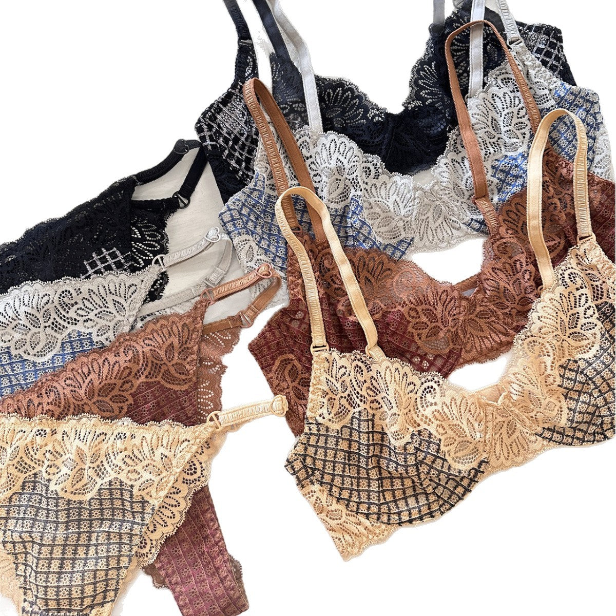FREEDOMBEAUTY | Plaid lace bra European and American sexy French underwear thin big breasts small anti-sagging gathered bra set