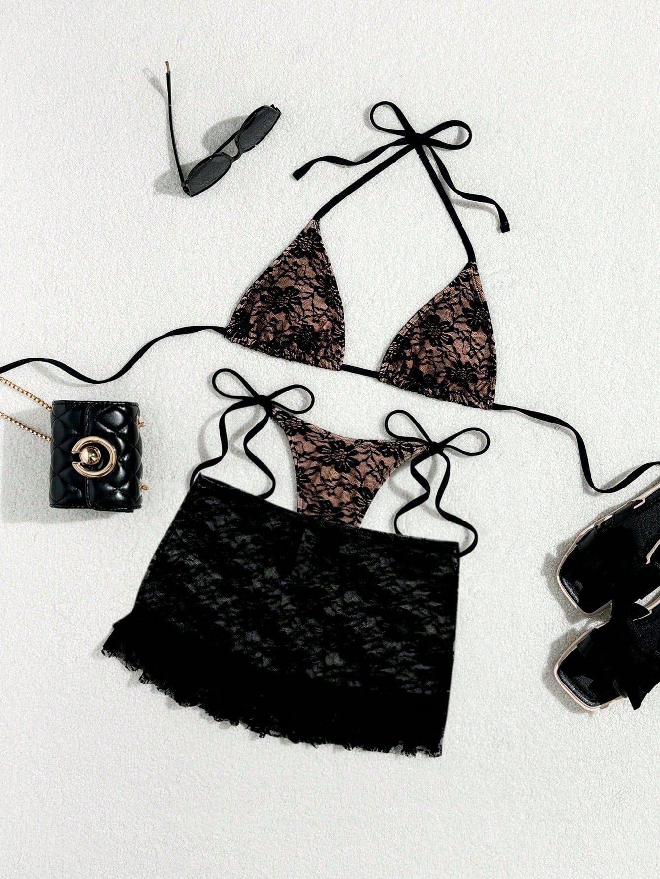 FREEDOMBEAUTY | 2026 New Short Skirt Three-piece Lace Double Fabric Bikini Suit Swimsuit Female Factory Direct Sales