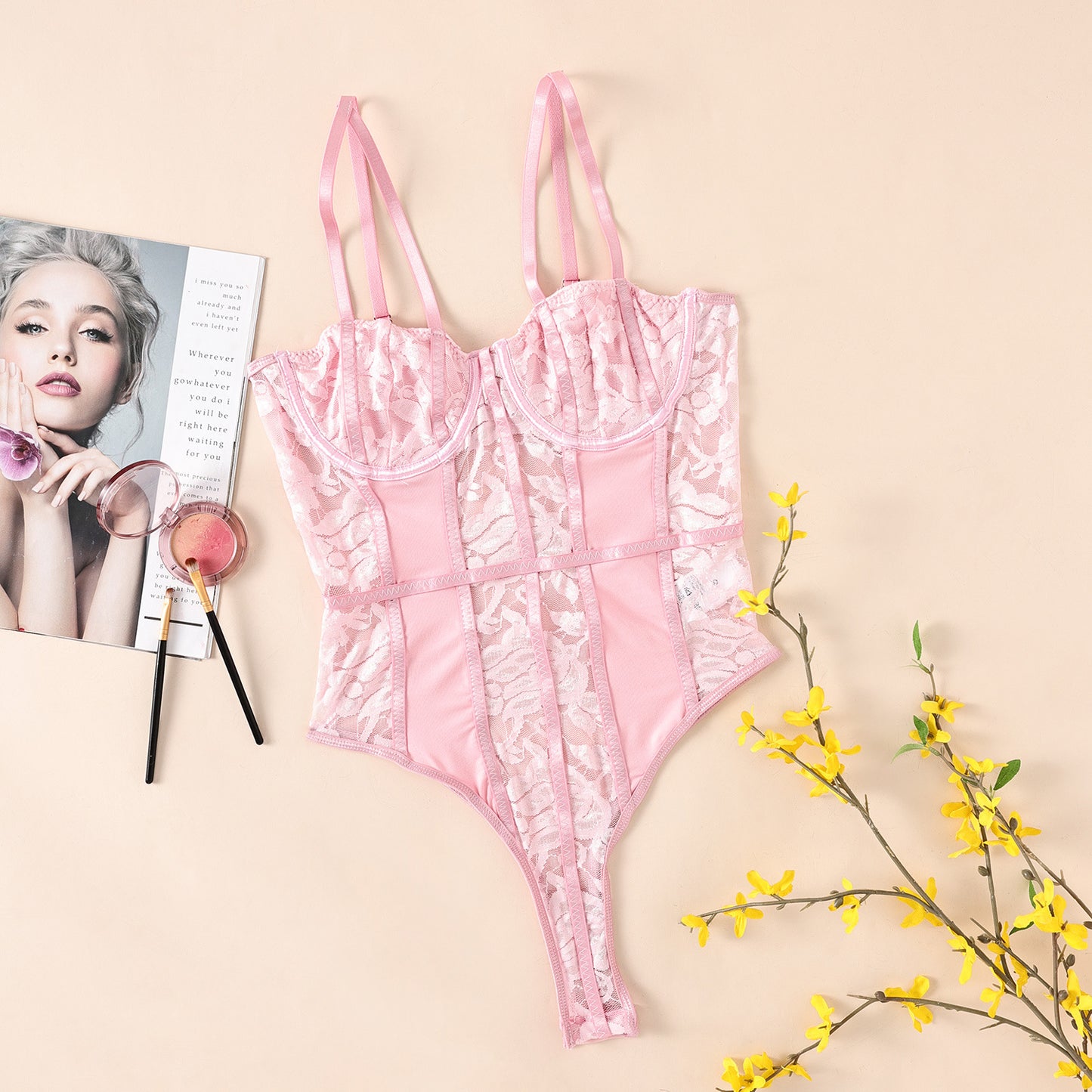 Freedombeauty | Hot Sale, Lace Mesh Splicing Rim Gathering Corset Bodysuit 27299