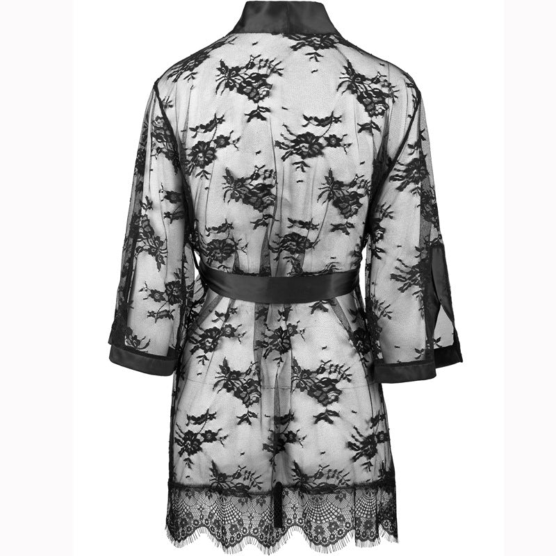 FREEDOMBEAUTY | FQ2834 Nylon lace eyelashes black perspective temptation medium sleeve private nightgown women cross-border European and American black