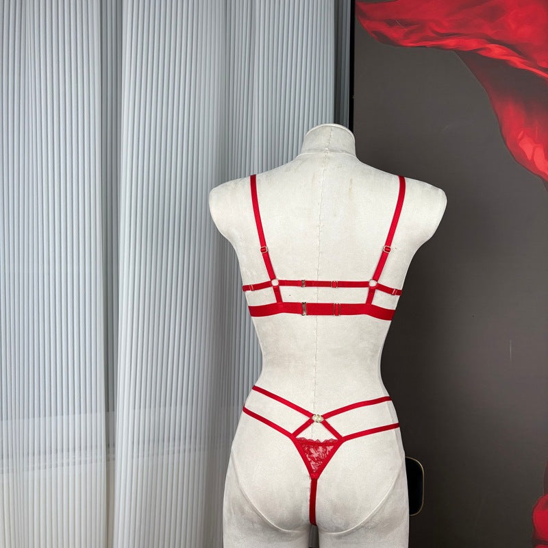 FREEDOMBEAUTY | FQ2872 Embroidery Triangle Cup Mesh Lined Neck Body Chain Low Waist T Pants Women's High Quality Underwear Cross-border Red