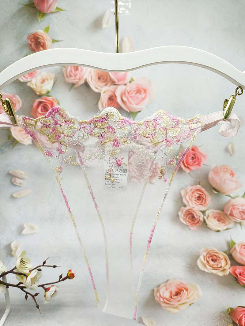 FREEDOMBEAUTY | Embroidery sexy flower women's perspective lace seduction lingerie panties thong cross-border combination