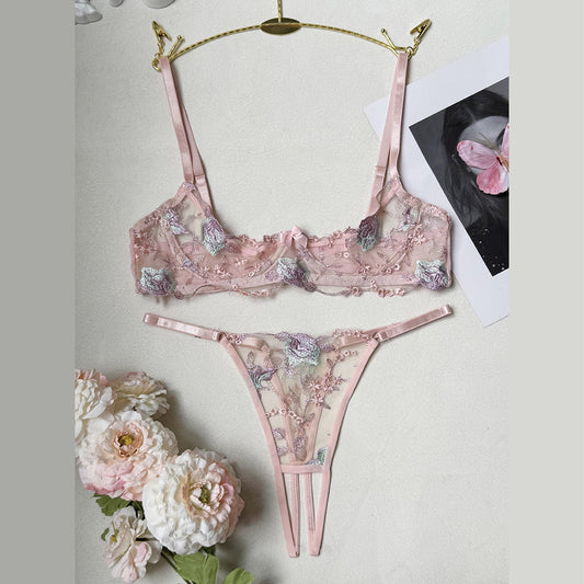 FREEDOMBEAUTY | European and American popular pink girl pure desire sexy high-end erotic underwear half tray comfortable steel ring gathering bra set