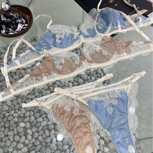 FREEDOMBEAUTY | Cross-border European and American sexy underwear ultra-thin gathering bra set pure fashion contrasting color sexy thong bra