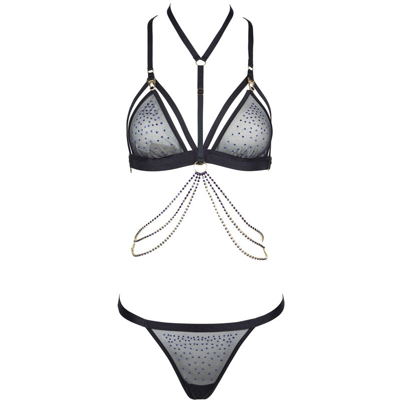 Freedombeauty | FQ2848 Hot Diamond Triangle Cup Beauty Back Buckle Sexy Rimless Bra Thong Mesh Thin Neck Waist Chain
