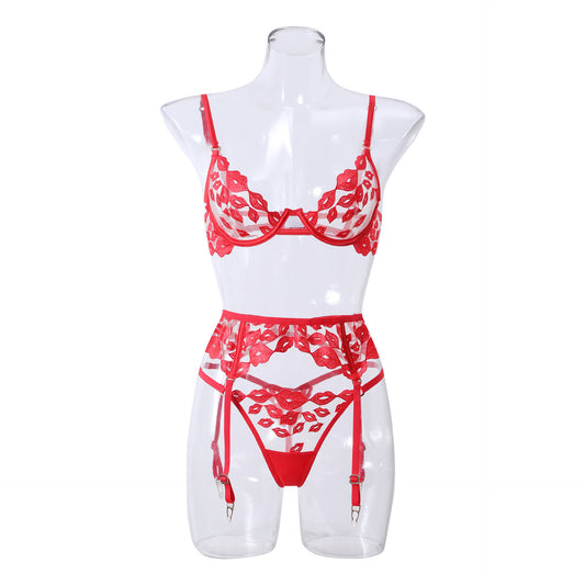 FREEDOMBEAUTY | New environmentally friendly recycled material European and American cross-border sexy bra women's suit red lip Valentine's Day underwear panties thong