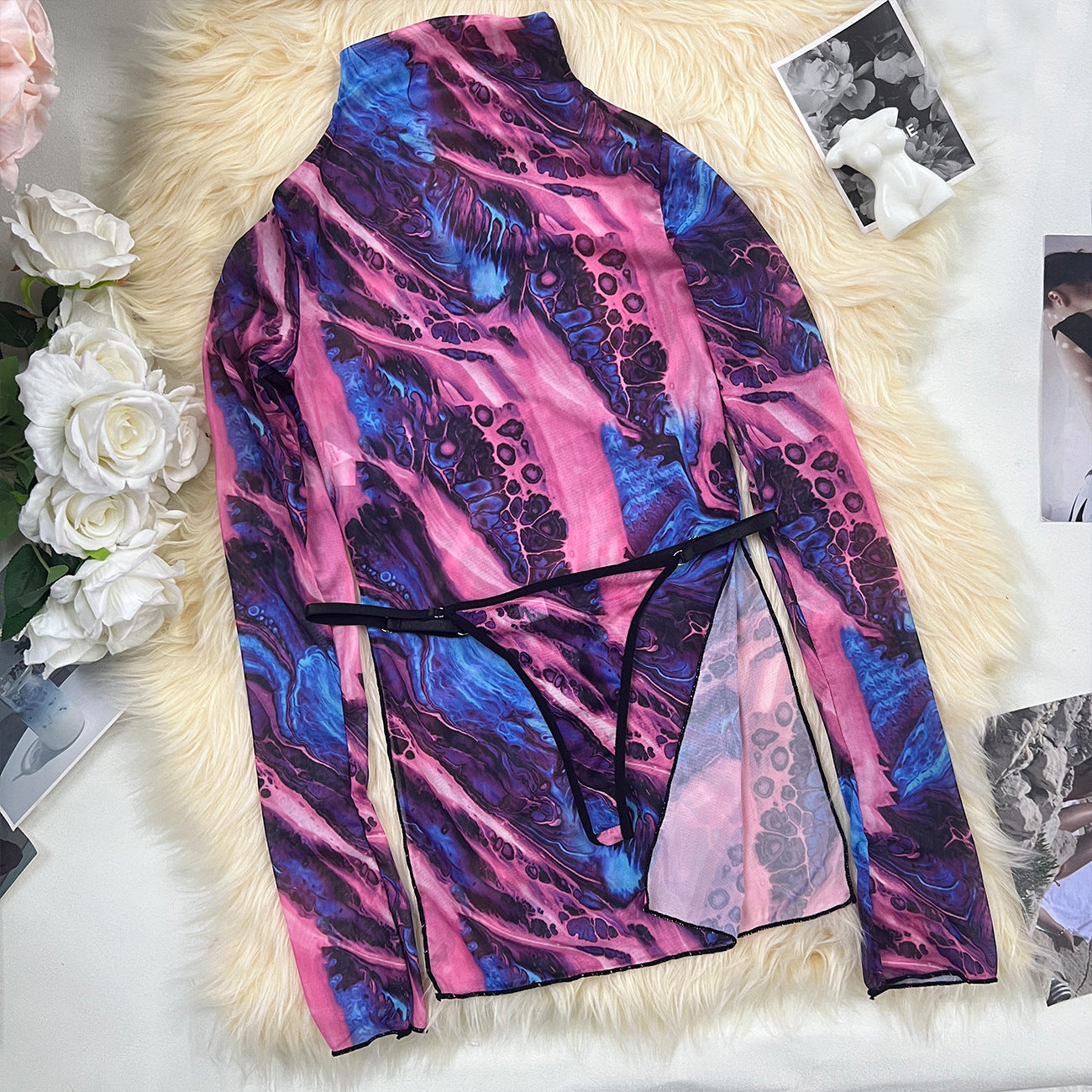 freedombeauty|New sexy turtleneck long-sleeved mesh tie-dye dress wholesale