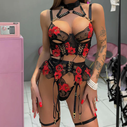 Freedombeauty | INS Women's Love Underwear Embroidery Flower Straps Cross Hollow Perspective Five-piece Set XZ4203A