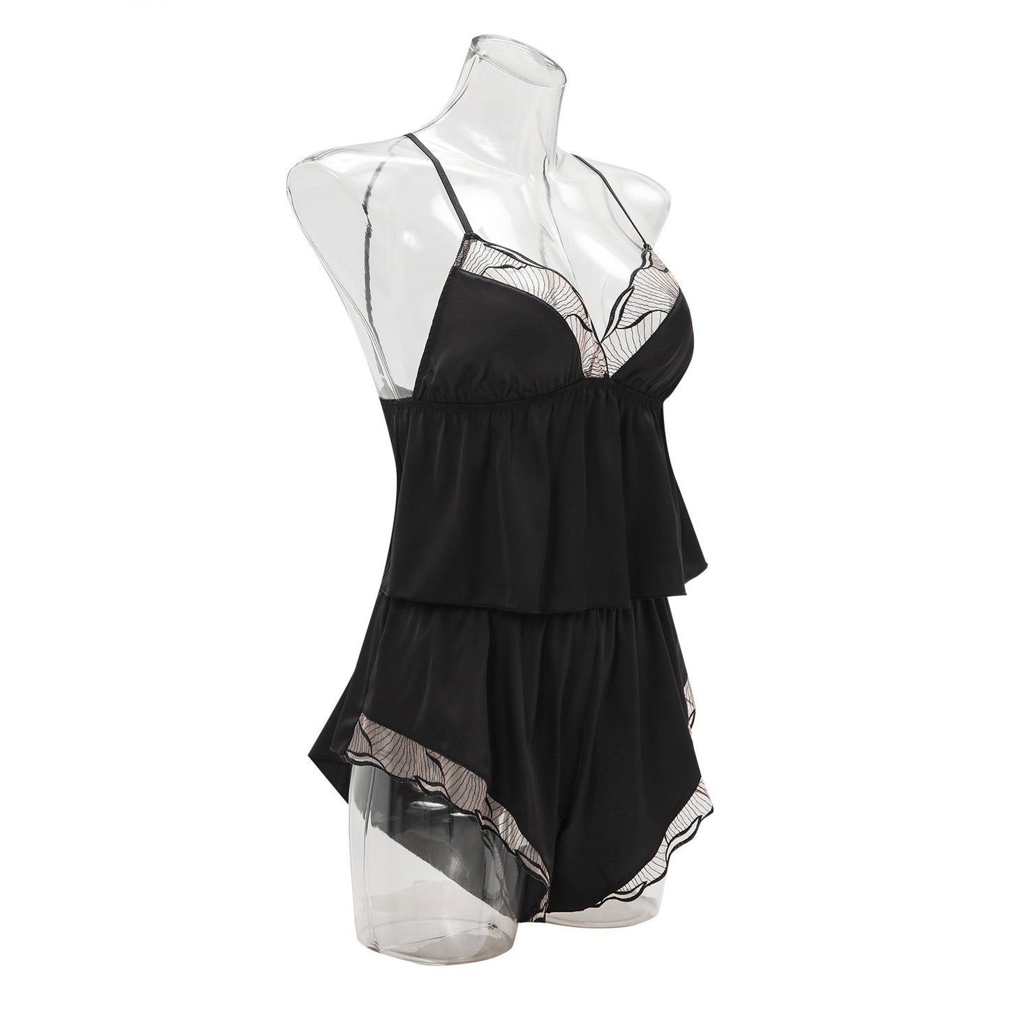 FREEDOMBEAUTY | Women's Loungewear Sexy Triangle Cup Suspender Pajama 2-piece Set Satin Lace Shorts Pajama Set