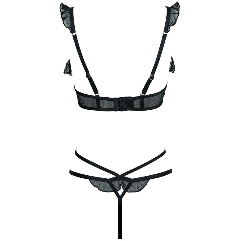 FREEDOMBEAUTY | FQ2863T221M212 Women's French Underwear 1/4 Cup Embroidered Lace Underwear Lift Up Breast Pure Black