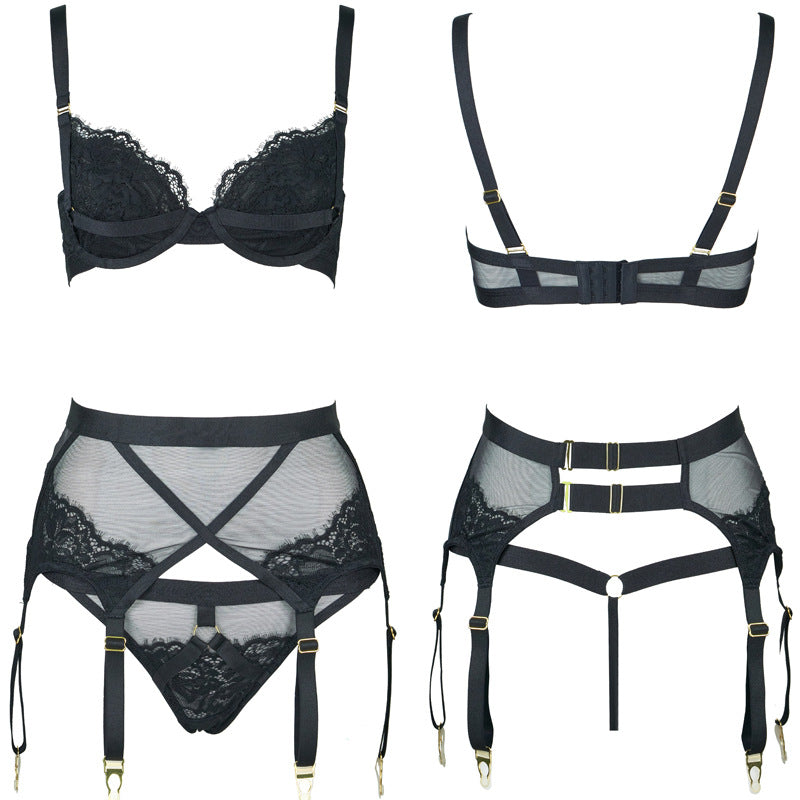 Freedombeauty | FQ2824 Lash Lace Elastic Memory Steel Rim Double Layer Micro-Collect Bra Set Garter Sparkle Mesh Black